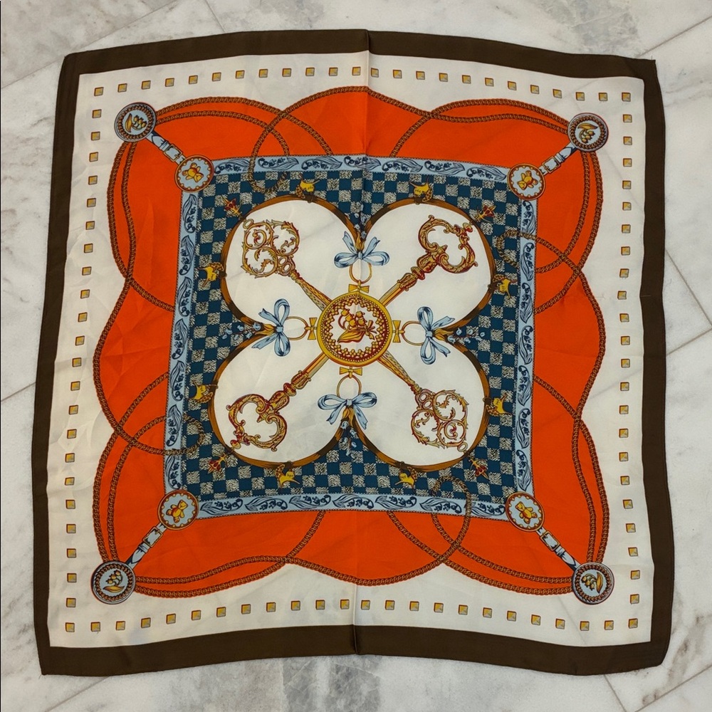 Classic Soft Silk-like Scarf Orange Brown Blue 26x26